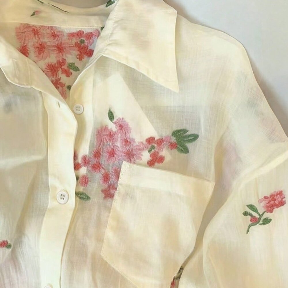Apricot Casual Women's Romantic Embroidered Floral Long Sleeve Button-Up Shirt - Picture 5 of 5